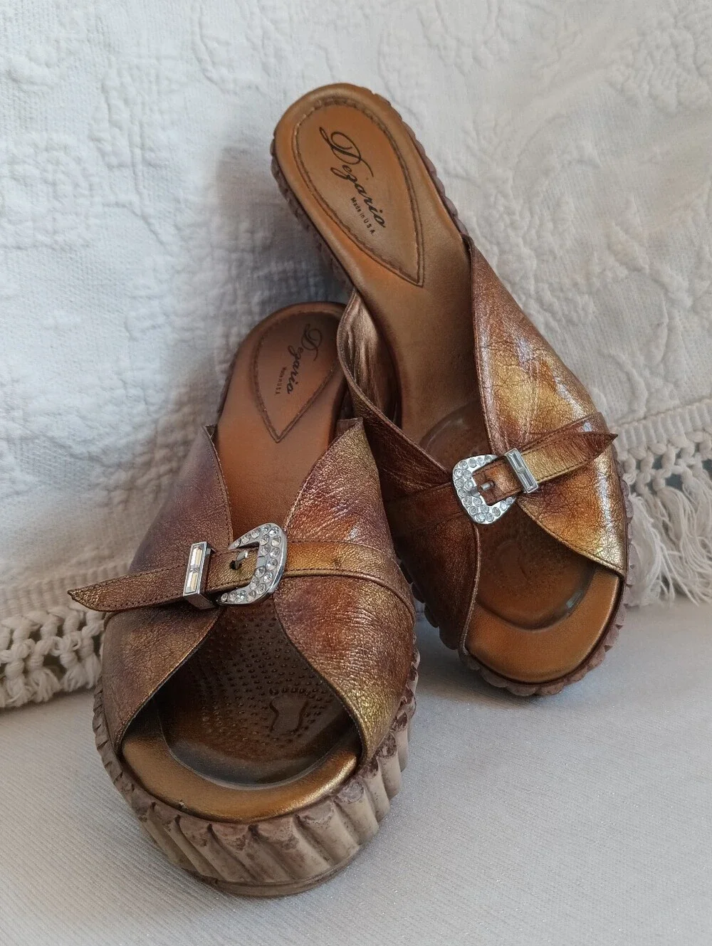 Dezario Bronze Metallic Wedge Slides Rhinestone Buckle Bamboo Gold Platform Heel